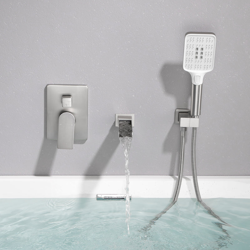 Wall Mount Waterfall Bathtub Faucet with 3 Modes Hand Sprayer Tub Filler Faucet with Rough-in Valve Trim Kit