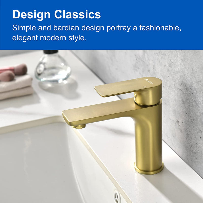 Brushed Gold Brass Bathroom Faucet, Single Handle One Hole Matte Black Lavatory Sink Faucet