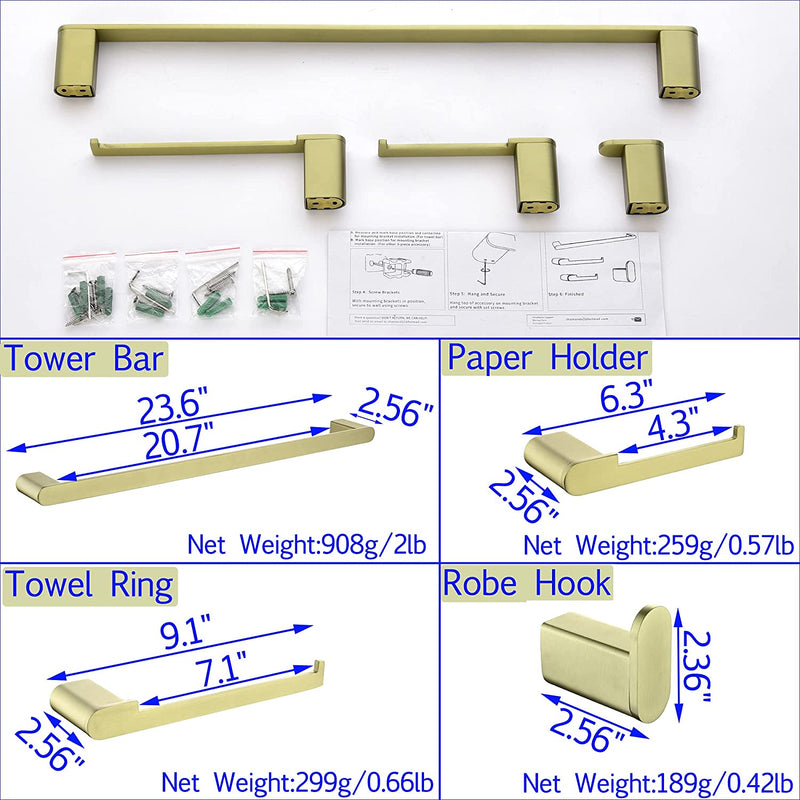 Bathroom Hardware Set, Wall Mount 4-Piece Bath Accessory Towel Rack Set In Brushed Gold, Brushed Nickel, Matte Black