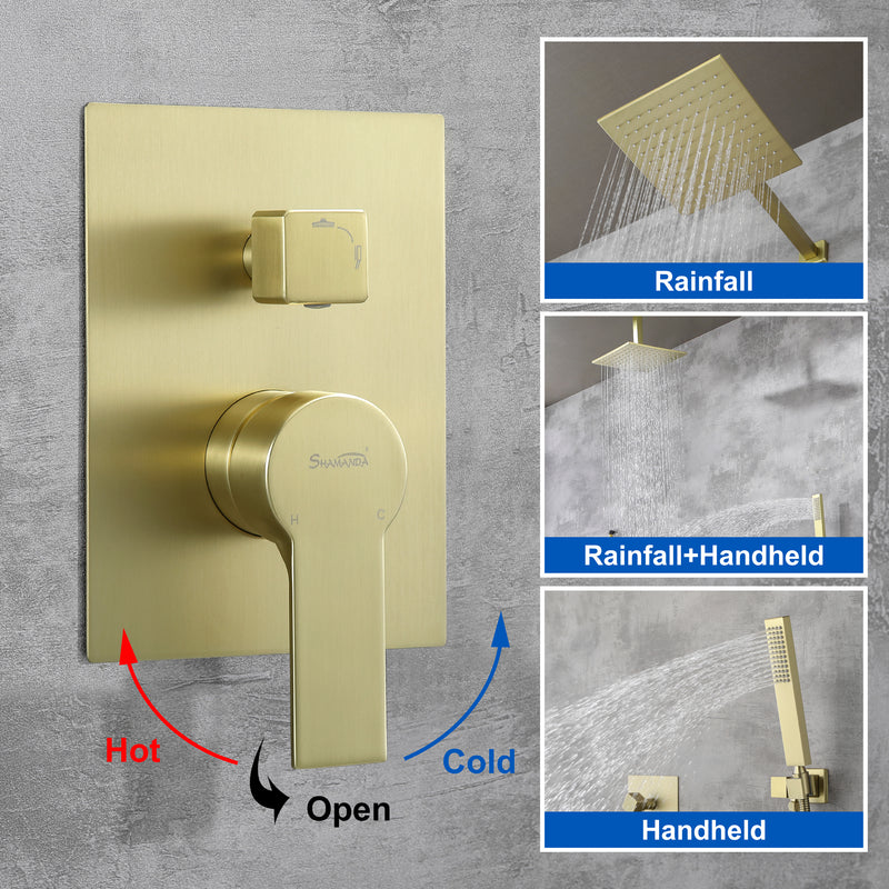 SHAMANDA Shower System Brass 10 Inch Bathroom Shower Faucet Combo Set with Handheld Spray Dual Functions Wall Mount