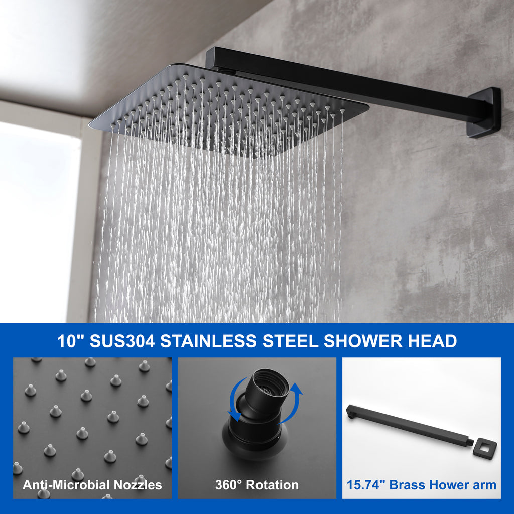 SHAMANDA Premium Matte Black Rainfall Shower System 10 Inch Luxury Bat