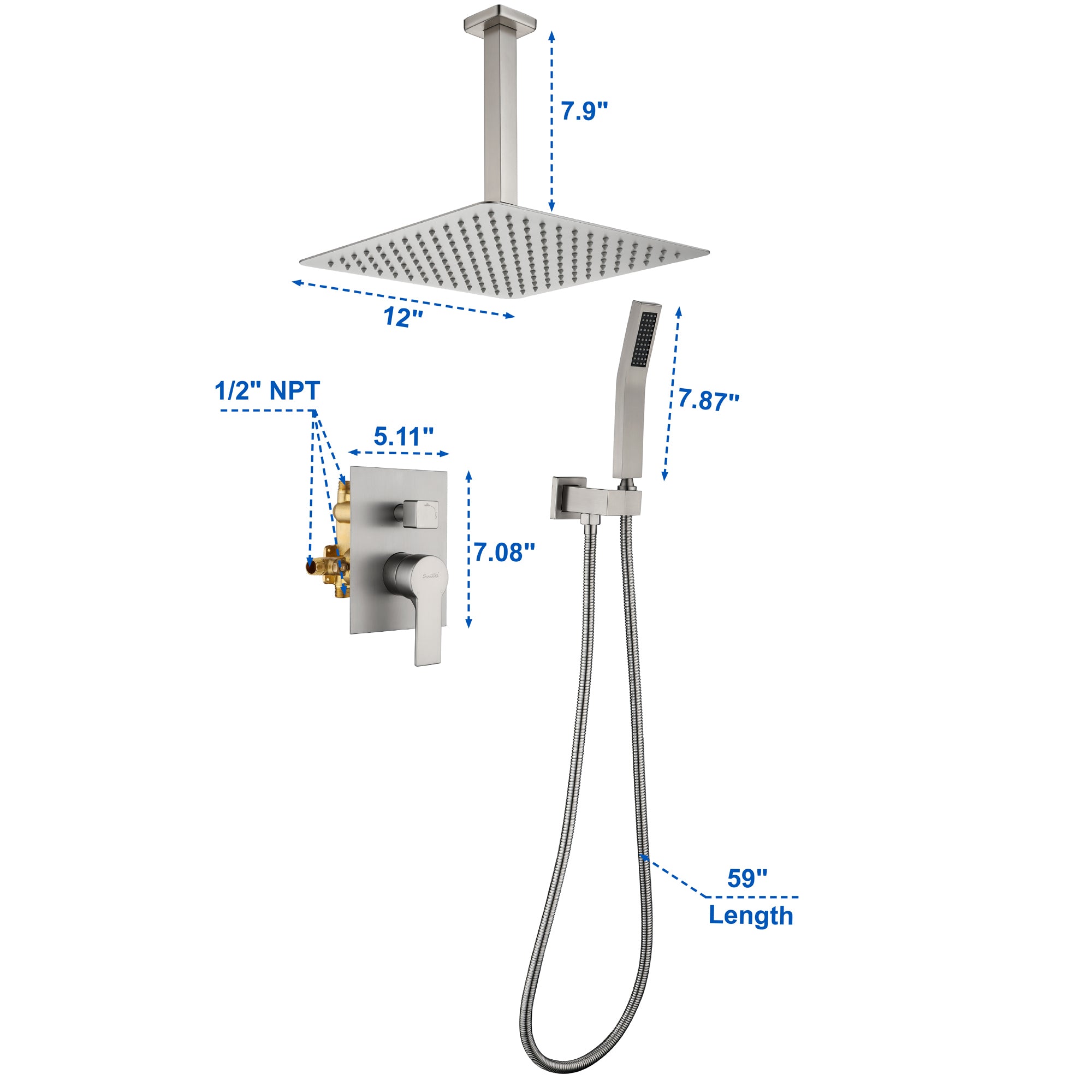 11 Ceiling Rainfall Shower Faucet System Combo with Hand Shower - Silver RB1023