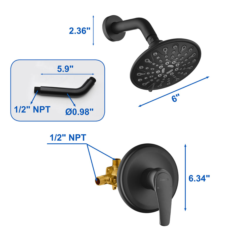 Single Function Pressure Balancing Shower System with 6 Inch 6-Spray ABS Shower Head in Matte Black