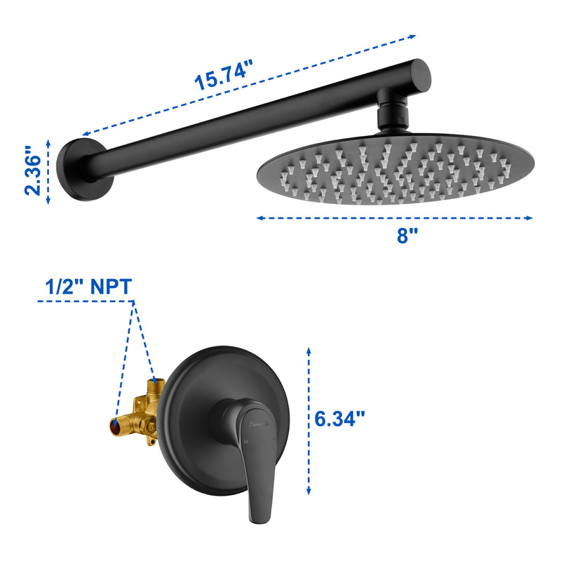 8"stainless steel shower head Round Shower Faucets Sets Complete, Single Function Shower trim kit