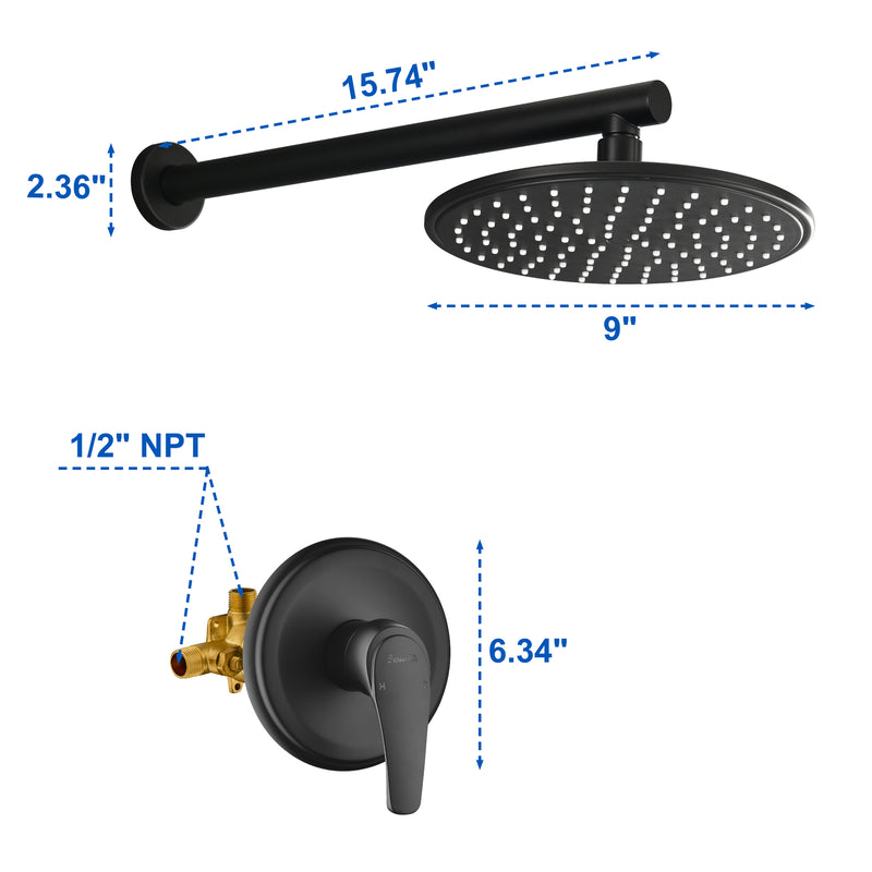 Round Shower Faucets Sets Complete, Single Function Shower trim kit with 9 inch ABS rain shower head
