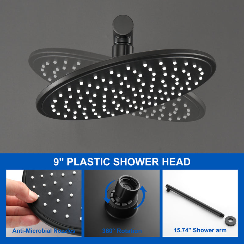 Round Shower Faucets Sets Complete, Single Function Shower trim kit with 9 inch ABS rain shower head