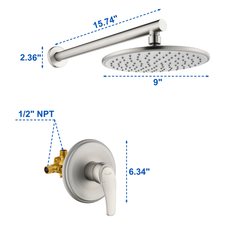 Round Shower Faucets Sets Complete, Single Function Shower trim kit with 9 inch ABS rain shower head
