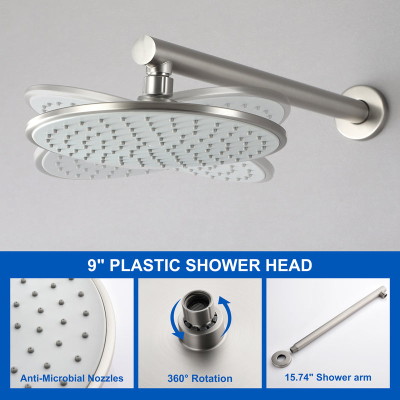 Round Shower Faucets Sets Complete, Single Function Shower trim kit with 9 inch ABS rain shower head