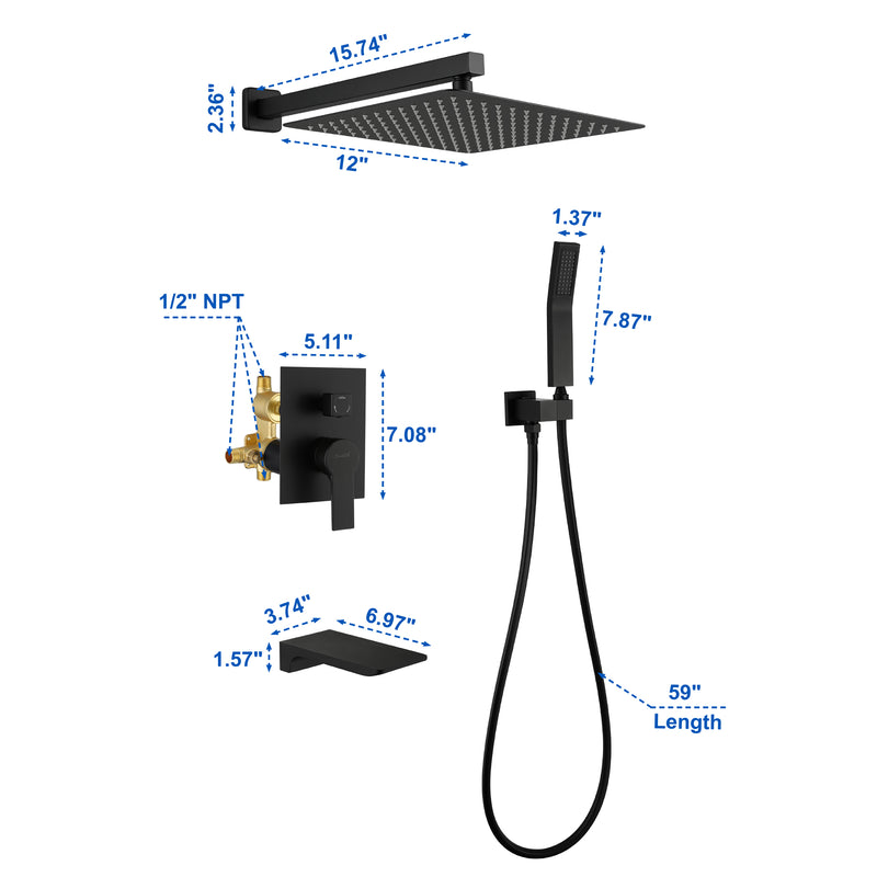 Shower System with Waterfall Tub Spout and Handheld Shower Head, 12" Rain Shower Faucet Sets Complete with Shower