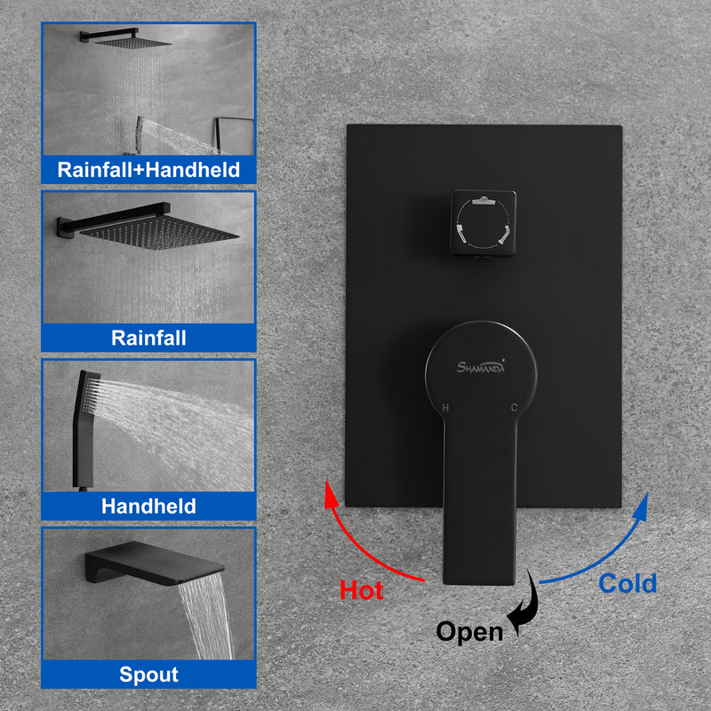 Shower System with Waterfall Tub Spout and Handheld Shower Head, 12" Rain Shower Faucet Sets Complete with Shower