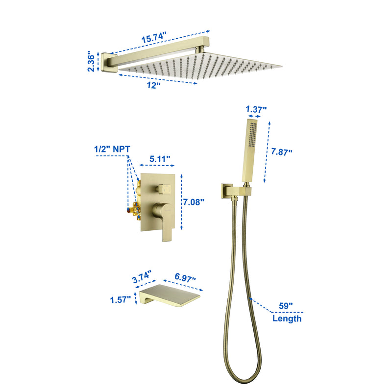 Shower System with Waterfall Tub Spout and Handheld Shower Head, 12" Rain Shower Faucet Sets Complete with Shower