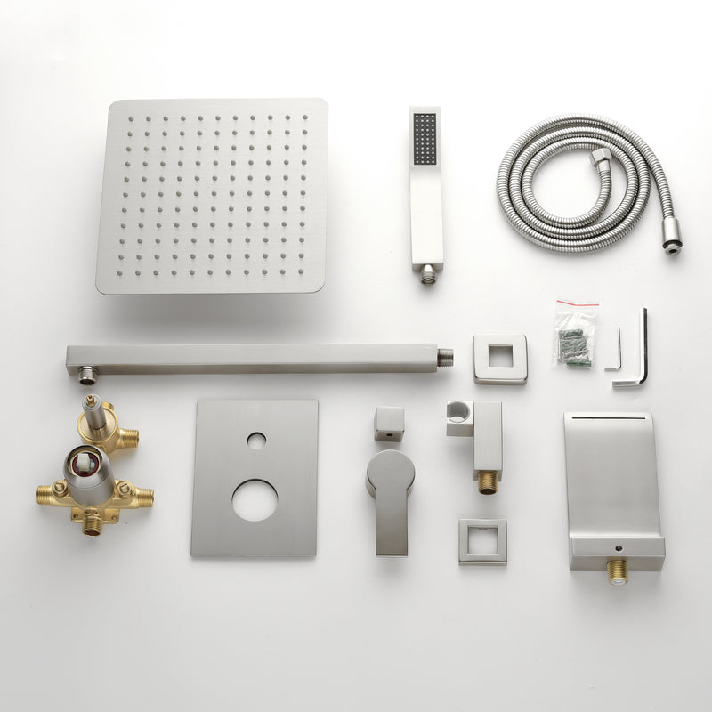 Shower System with Waterfall Tub Spout and Handheld Shower Head, 10" Rain Shower Faucet Sets