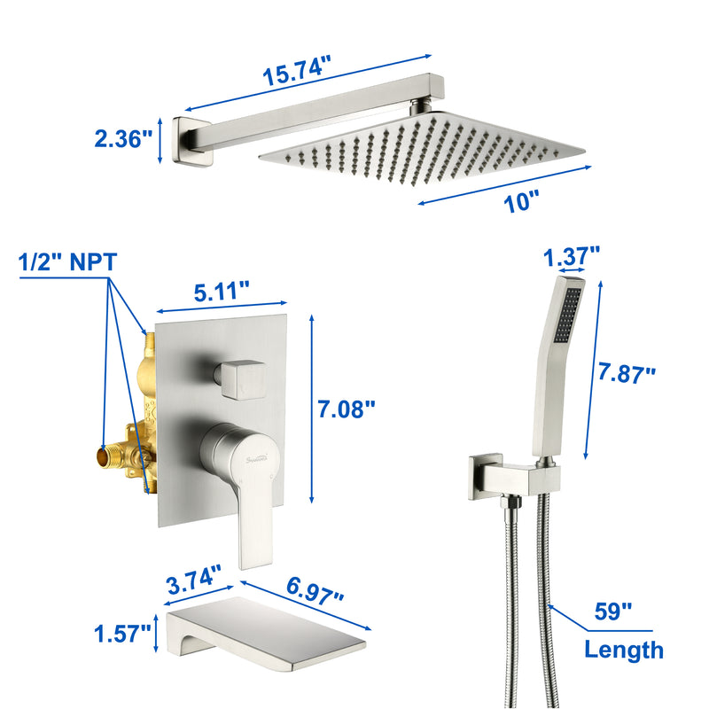 Shower System with Waterfall Tub Spout and Handheld Shower Head, 10" Rain Shower Faucet Sets