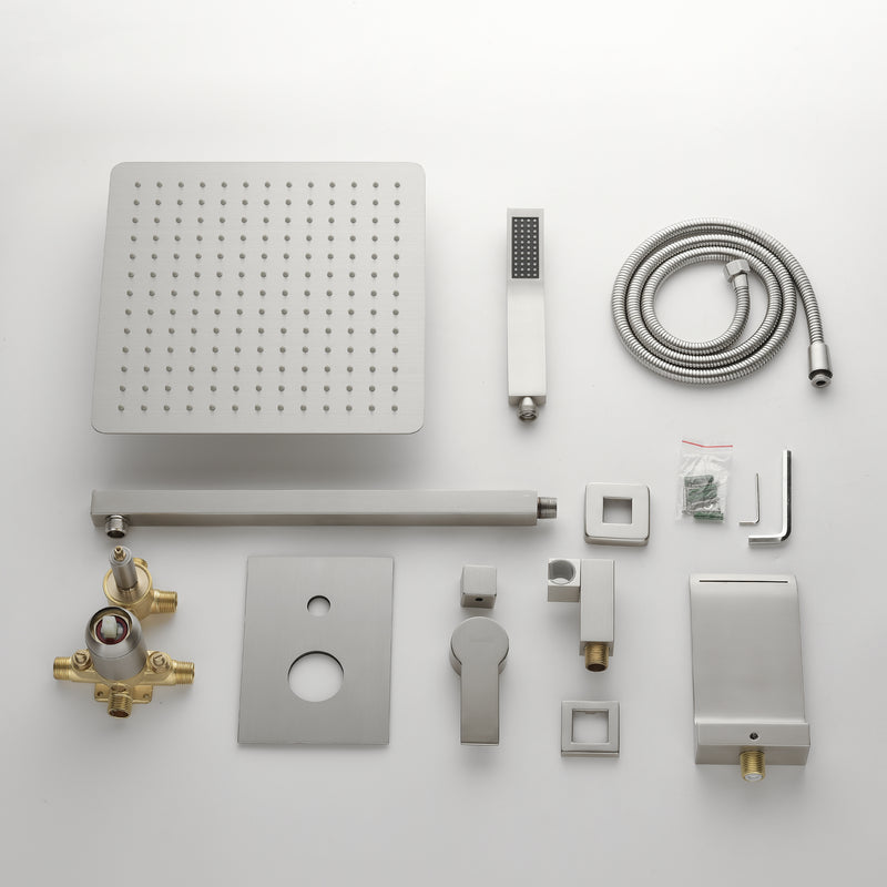 Shower System with Waterfall Tub Spout and Handheld Shower Head, 12" Rain Shower Faucet Sets Complete with Shower
