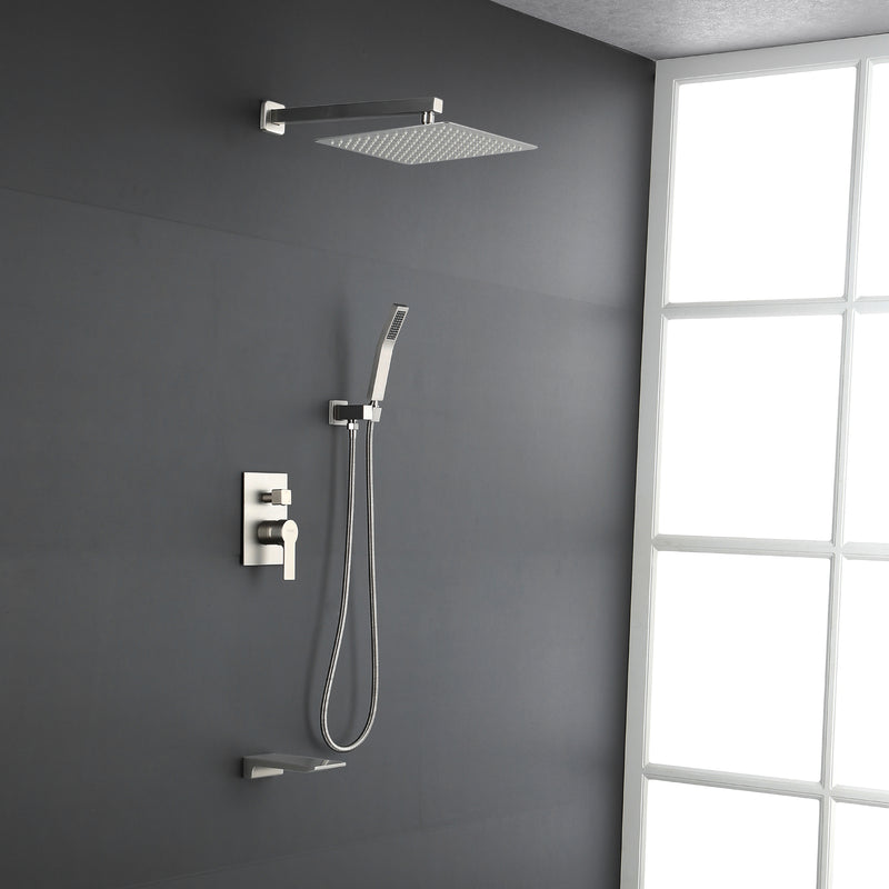 Shower System with Waterfall Tub Spout and Handheld Shower Head, 12" Rain Shower Faucet Sets Complete with Shower