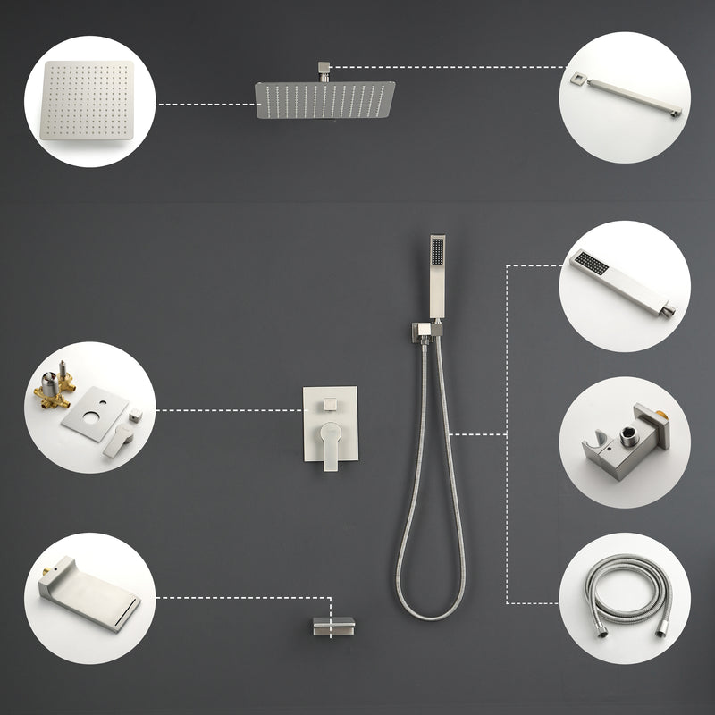 Shower System with Waterfall Tub Spout and Handheld Shower Head, 12" Rain Shower Faucet Sets Complete with Shower