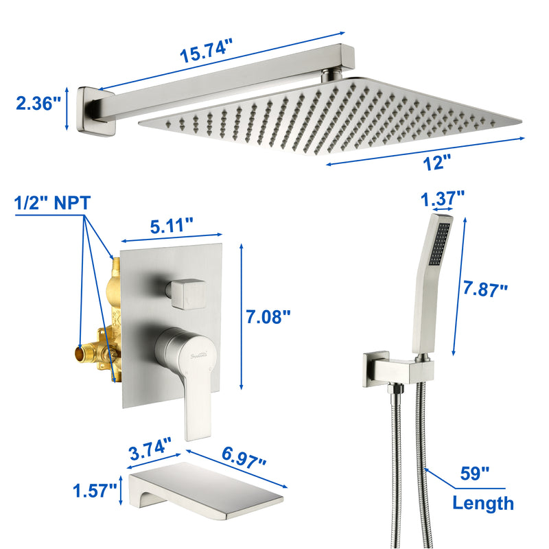 Shower System with Waterfall Tub Spout and Handheld Shower Head, 12" Rain Shower Faucet Sets Complete with Shower
