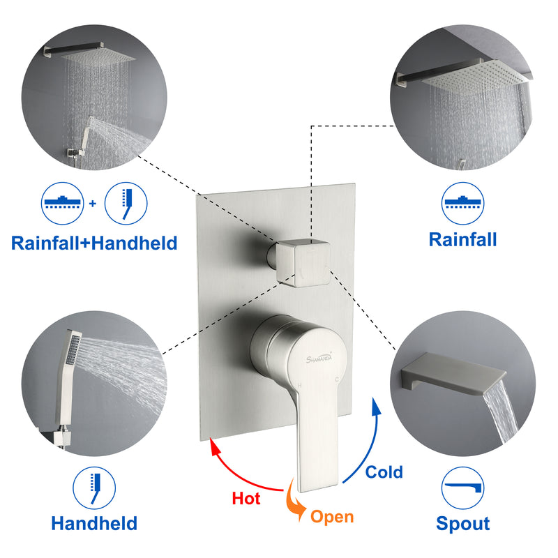 Shower System with Waterfall Tub Spout and Handheld Shower Head, 12" Rain Shower Faucet Sets Complete with Shower