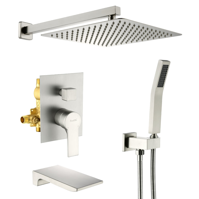 Shower System with Waterfall Tub Spout and Handheld Shower Head, 12" Rain Shower Faucet Sets Complete with Shower