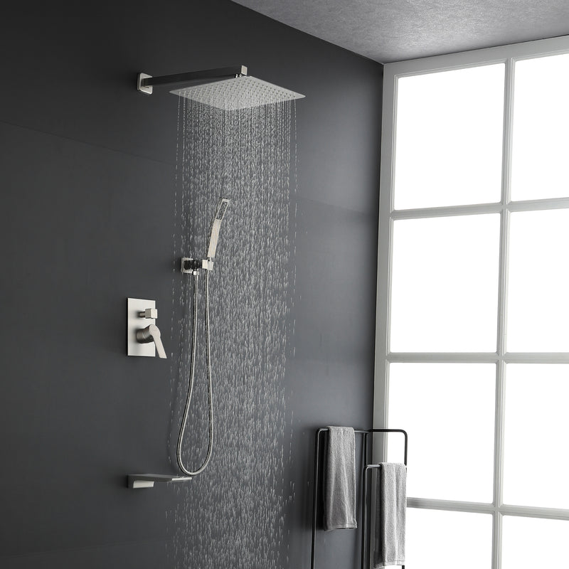 Shower System with Waterfall Tub Spout and Handheld Shower Head, 12" Rain Shower Faucet Sets Complete with Shower
