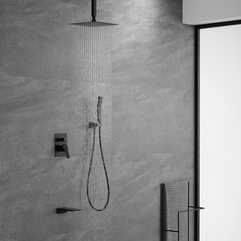 Three-way Ceiling Mounted Shower System, 10" Rain Shower Faucet Set with handheld shower and Waterfall Spout