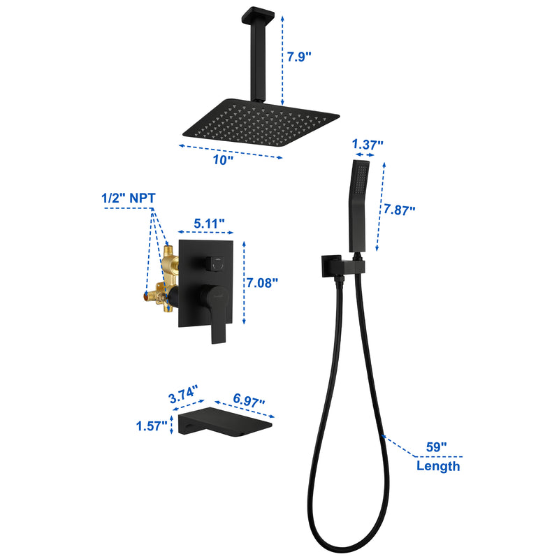 Three-way Ceiling Mounted Shower System, 10" Rain Shower Faucet Set with handheld shower and Waterfall Spout