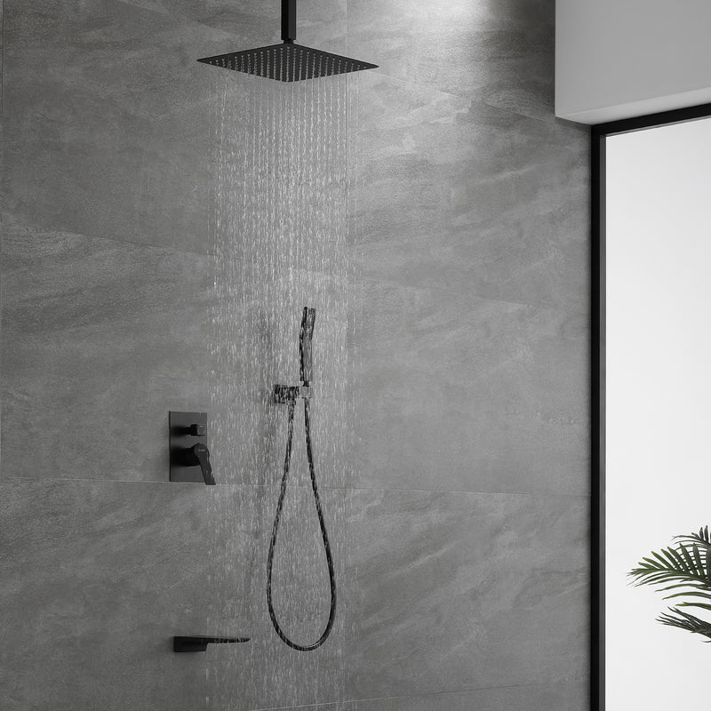 1-handle 3 way Rain Shower System with Handheld Shower, 12" Ceiling Mounted Overhead Shower & Waterfall Bath Spout