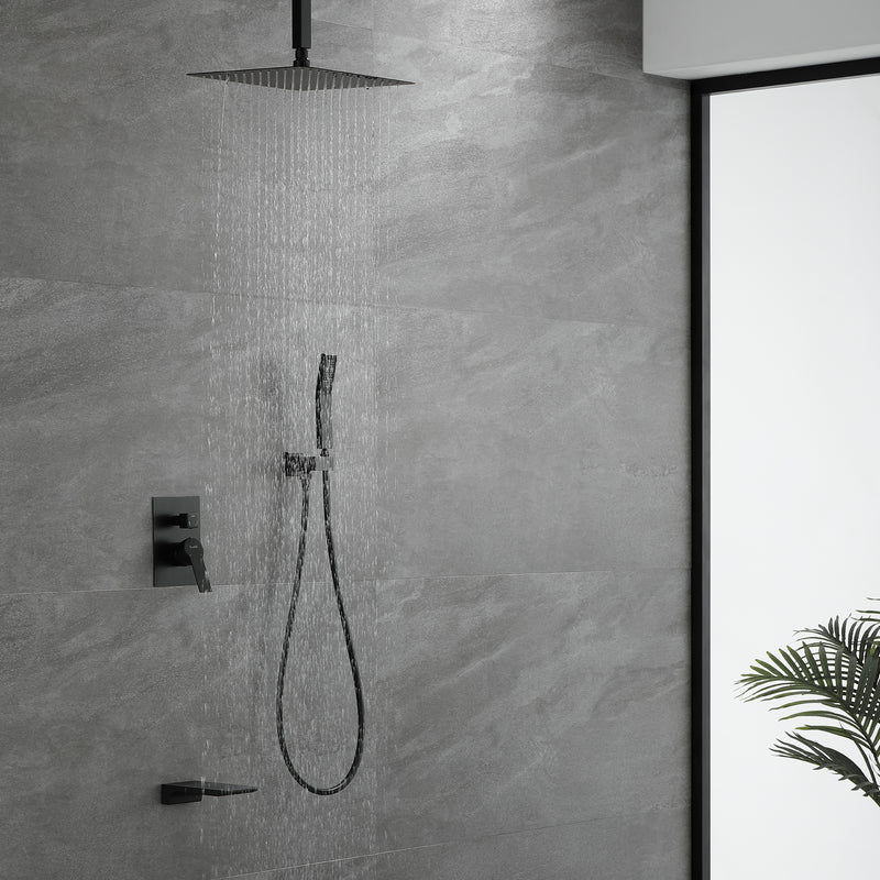1-handle 3 way Rain Shower System with Handheld Shower, 12" Ceiling Mounted Overhead Shower & Waterfall Bath Spout
