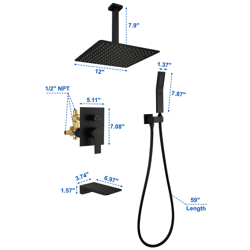 1-handle 3 way Rain Shower System with Handheld Shower, 12" Ceiling Mounted Overhead Shower & Waterfall Bath Spout