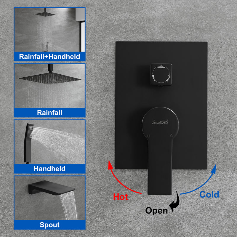 1-handle 3 way Rain Shower System with Handheld Shower, 12" Ceiling Mounted Overhead Shower & Waterfall Bath Spout