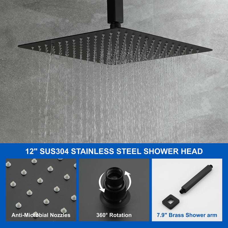 1-handle 3 way Rain Shower System with Handheld Shower, 12" Ceiling Mounted Overhead Shower & Waterfall Bath Spout