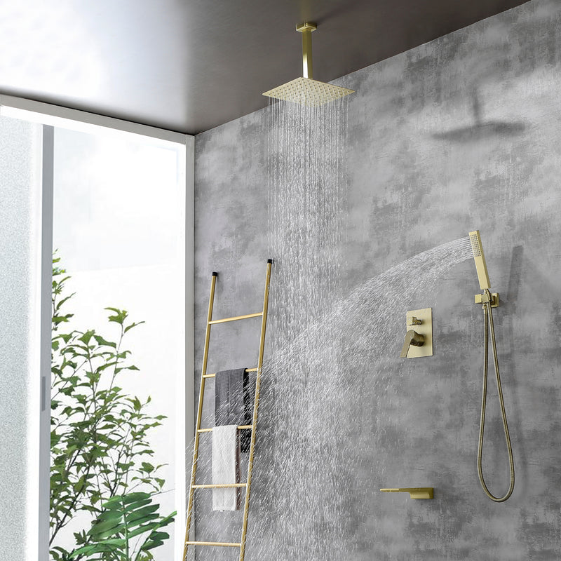 Three-way Ceiling Mounted Shower System, 10" Rain Shower Faucet Set with handheld shower and Waterfall Spout