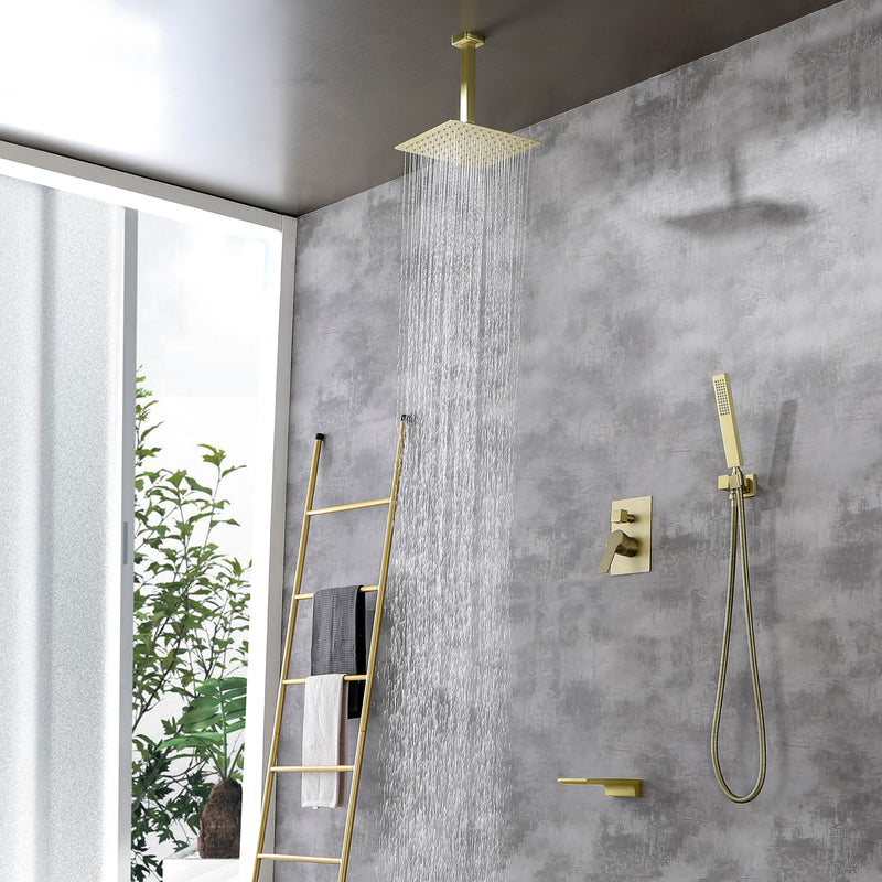 Three-way Ceiling Mounted Shower System, 10" Rain Shower Faucet Set with handheld shower and Waterfall Spout
