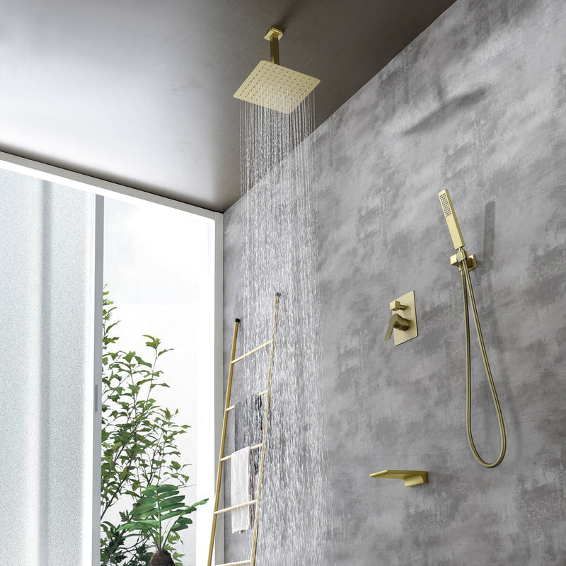 Three-way Ceiling Mounted Shower System, 10" Rain Shower Faucet Set with handheld shower and Waterfall Spout
