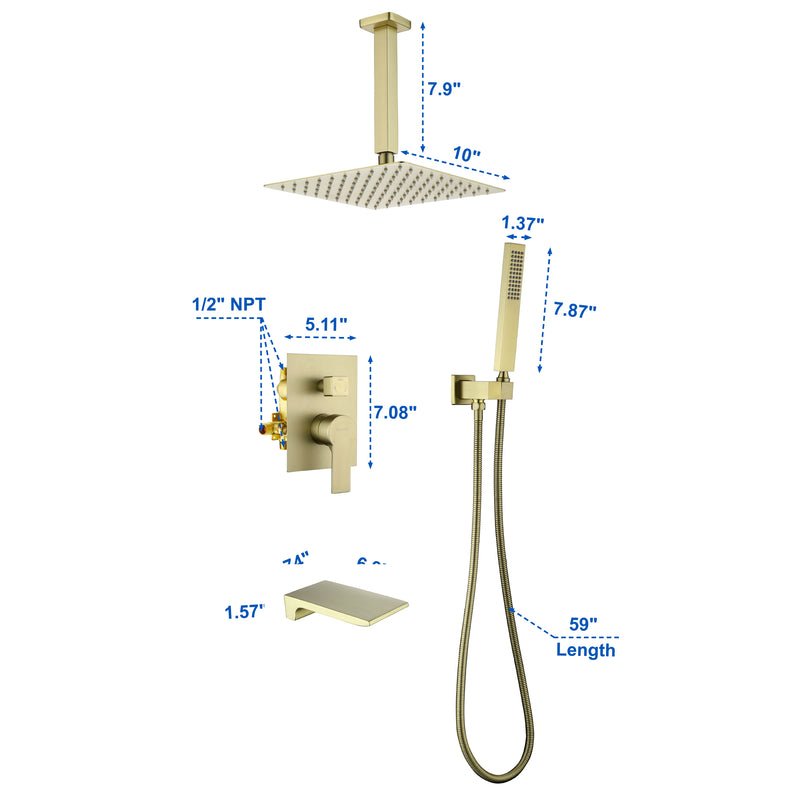 Three-way Ceiling Mounted Shower System, 10" Rain Shower Faucet Set with handheld shower and Waterfall Spout