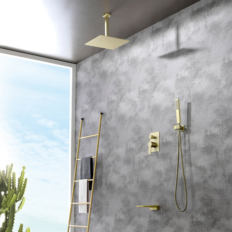 1-handle 3 way Rain Shower System with Handheld Shower, 12" Ceiling Mounted Overhead Shower & Waterfall Bath Spout