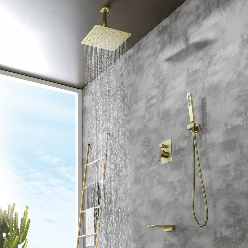 1-handle 3 way Rain Shower System with Handheld Shower, 12" Ceiling Mounted Overhead Shower & Waterfall Bath Spout