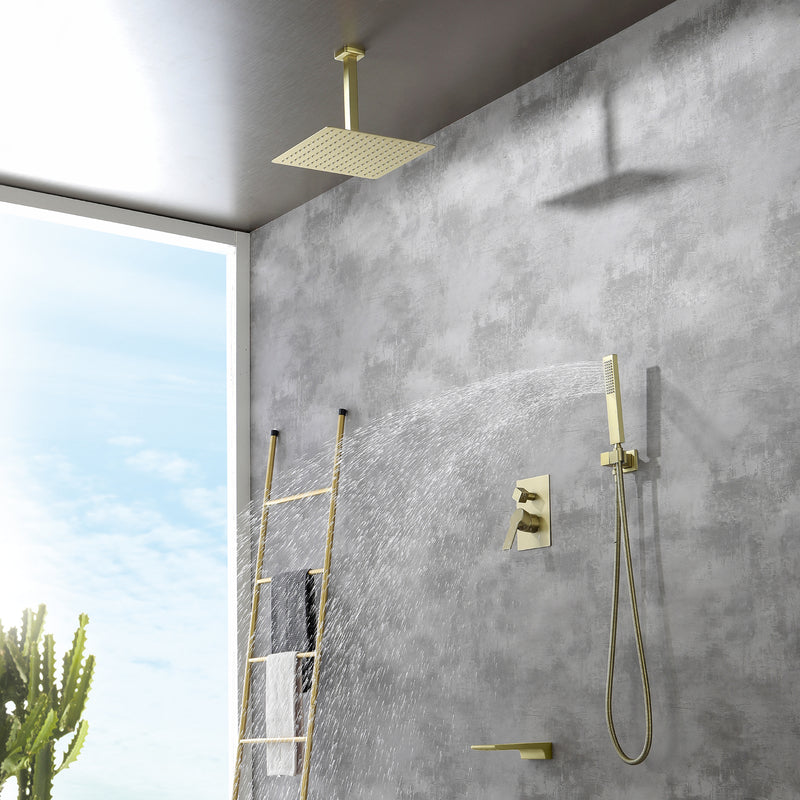 1-handle 3 way Rain Shower System with Handheld Shower, 12" Ceiling Mounted Overhead Shower & Waterfall Bath Spout