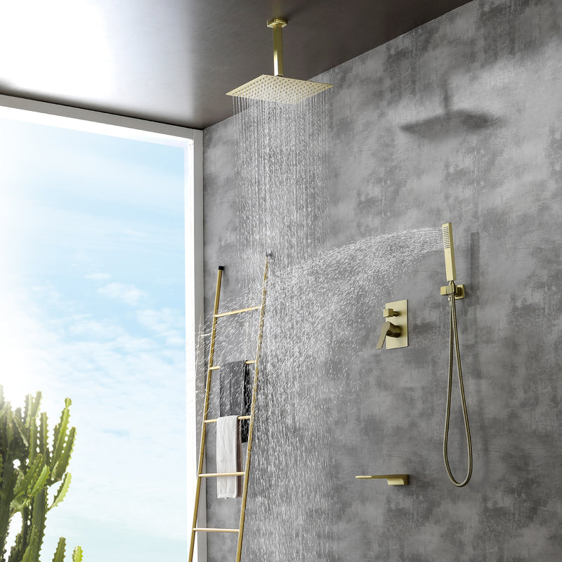 1-handle 3 way Rain Shower System with Handheld Shower, 12" Ceiling Mounted Overhead Shower & Waterfall Bath Spout