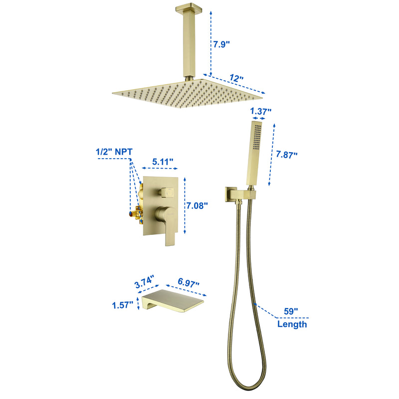 1-handle 3 way Rain Shower System with Handheld Shower, 12" Ceiling Mounted Overhead Shower & Waterfall Bath Spout