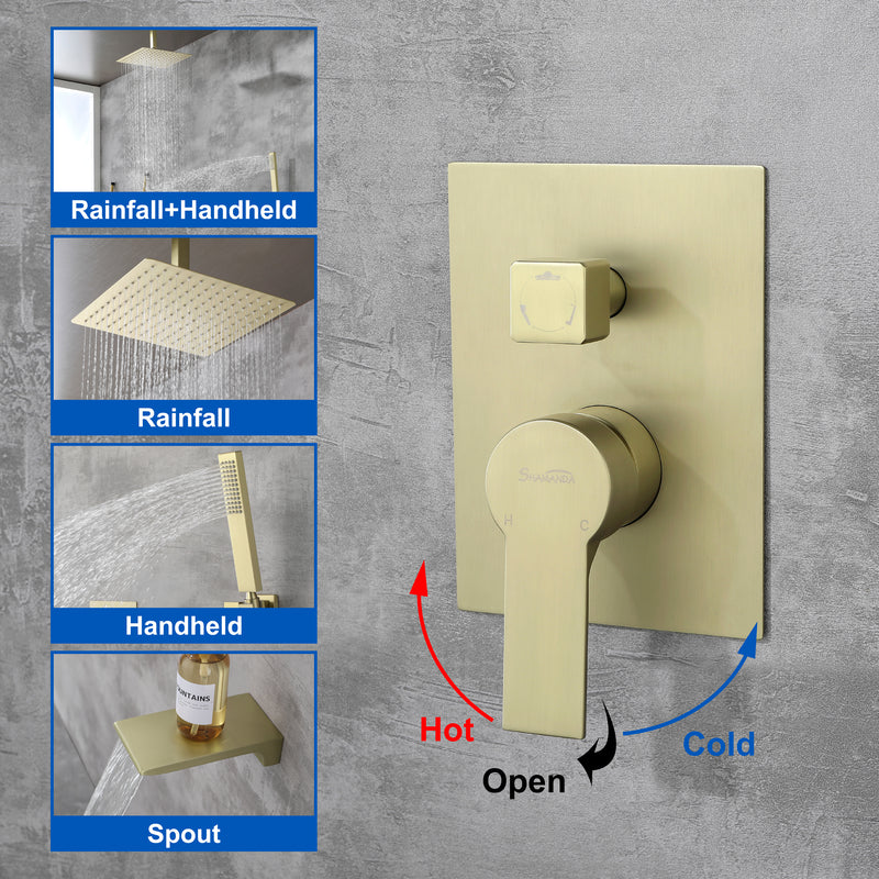 1-handle 3 way Rain Shower System with Handheld Shower, 12" Ceiling Mounted Overhead Shower & Waterfall Bath Spout