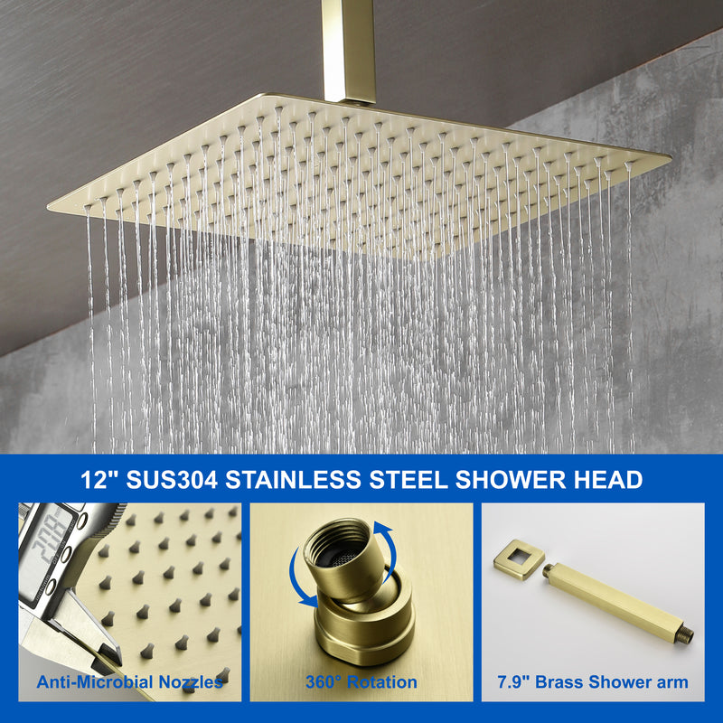1-handle 3 way Rain Shower System with Handheld Shower, 12" Ceiling Mounted Overhead Shower & Waterfall Bath Spout
