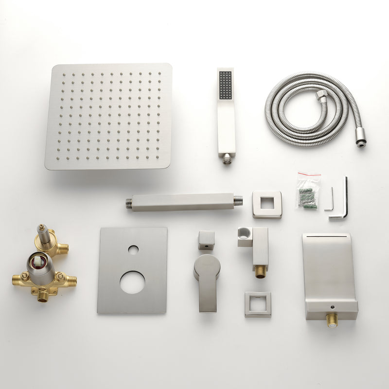 1-handle 3 way Rain Shower System with Handheld Shower, 12" Ceiling Mounted Overhead Shower & Waterfall Bath Spout