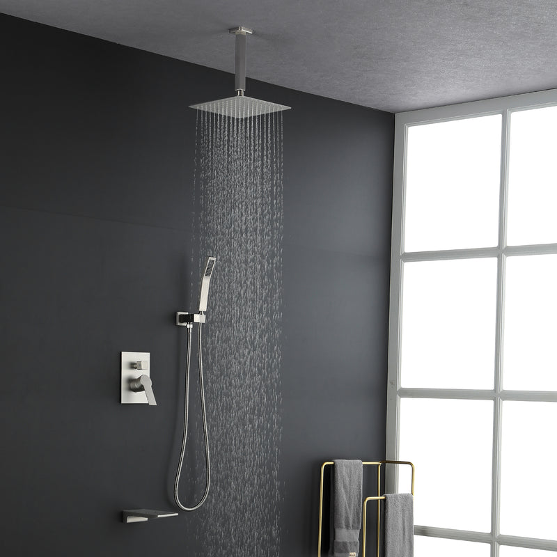 1-handle 3 way Rain Shower System with Handheld Shower, 12" Ceiling Mounted Overhead Shower & Waterfall Bath Spout