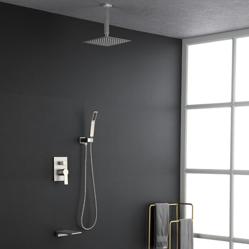 1-handle 3 way Rain Shower System with Handheld Shower, 12" Ceiling Mounted Overhead Shower & Waterfall Bath Spout