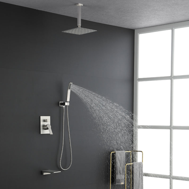 1-handle 3 way Rain Shower System with Handheld Shower, 12" Ceiling Mounted Overhead Shower & Waterfall Bath Spout