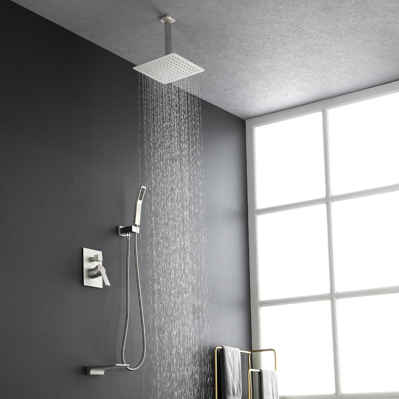 1-handle 3 way Rain Shower System with Handheld Shower, 12" Ceiling Mounted Overhead Shower & Waterfall Bath Spout