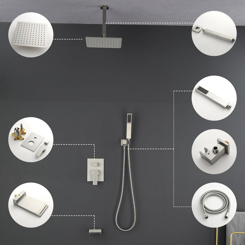 1-handle 3 way Rain Shower System with Handheld Shower, 12" Ceiling Mounted Overhead Shower & Waterfall Bath Spout