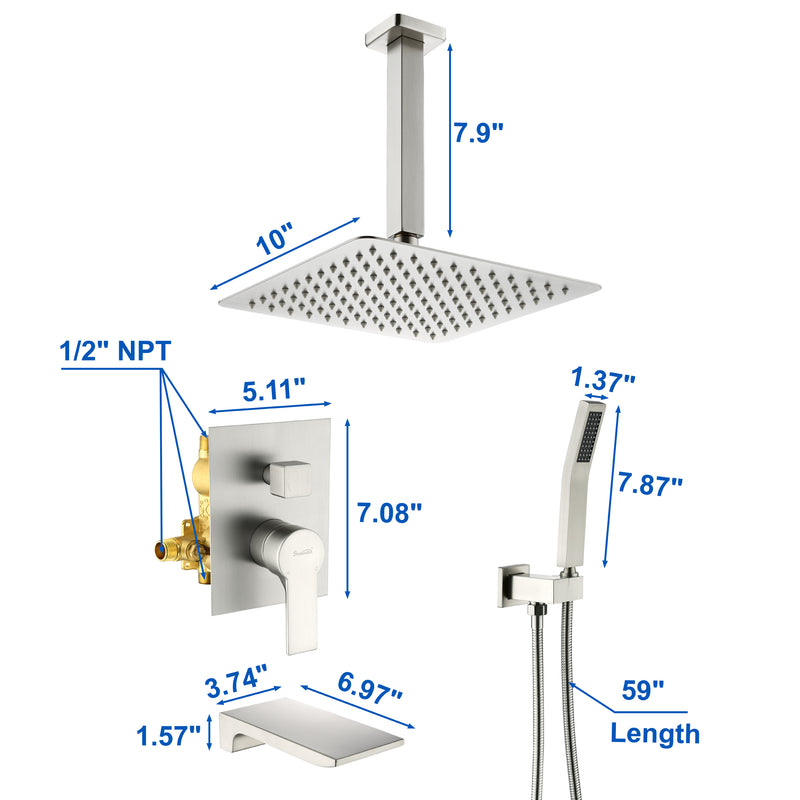 1-handle 3 way Rain Shower System with Handheld Shower, 12" Ceiling Mounted Overhead Shower & Waterfall Bath Spout