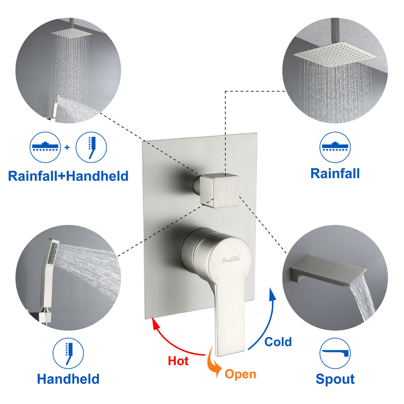 1-handle 3 way Rain Shower System with Handheld Shower, 12" Ceiling Mounted Overhead Shower & Waterfall Bath Spout